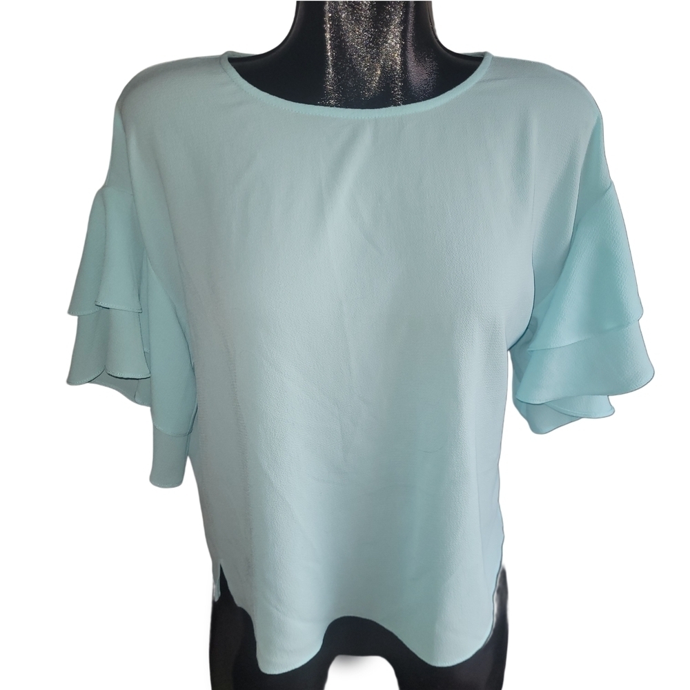 Vince Camuto Light Blue Ruffled Flutter Short Sleeve Top Size S